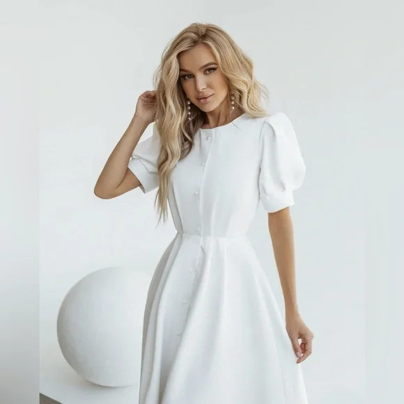Dresses Elagia White Buttoned Puffsleeve Midi Dress Poshmark